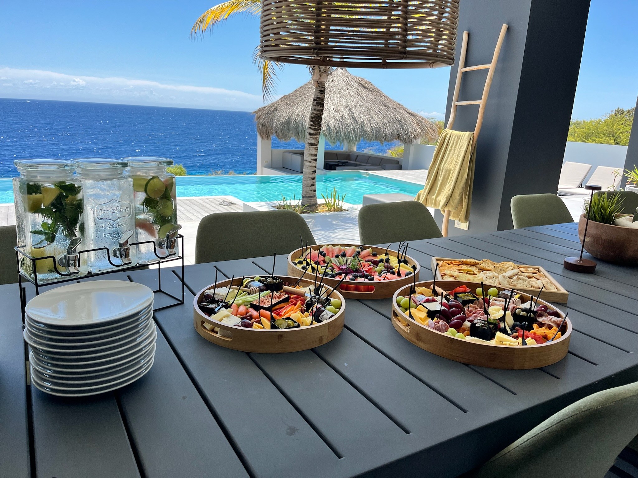 BBQ Queen grazing boards and infused water overlooking the sea
